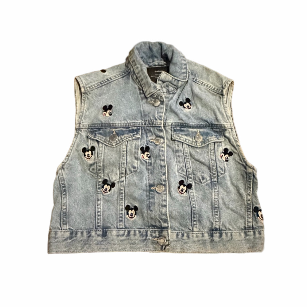 Stradivarius Blue Denim Vest with Embroidered Mickey Mouse Detail - Picture 1 of 4